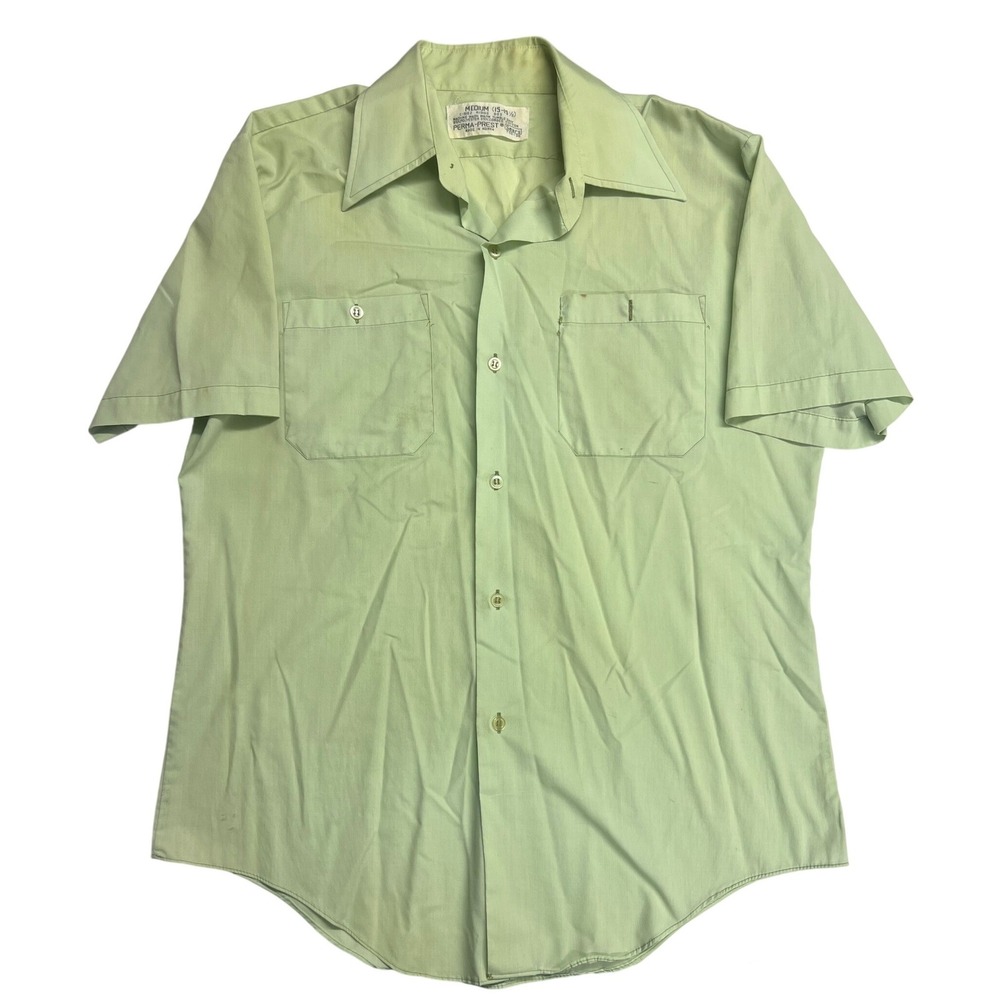 Vintage 70s Sears Perma-Prest Mint Green Short Sleeve Button Down Shirt Mens M